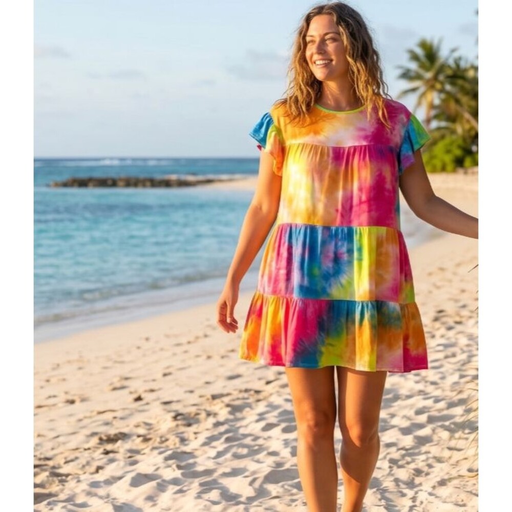 Women's Tie Dye Flutter Sleeve Tiered Mini Dress With Pockets Plus Size 1X